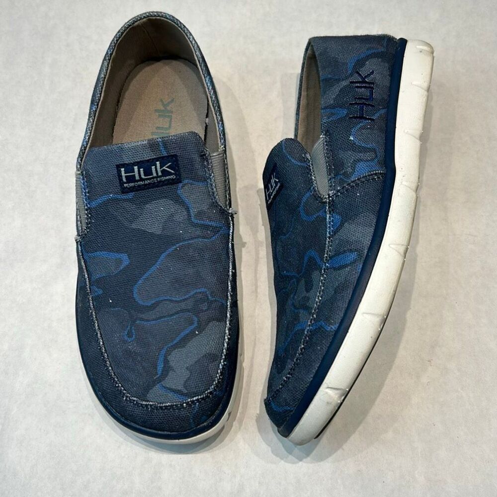 HUK Mens Brewster Slip On Shoes Boat Loafers Blue PEI Canvas Sz 8